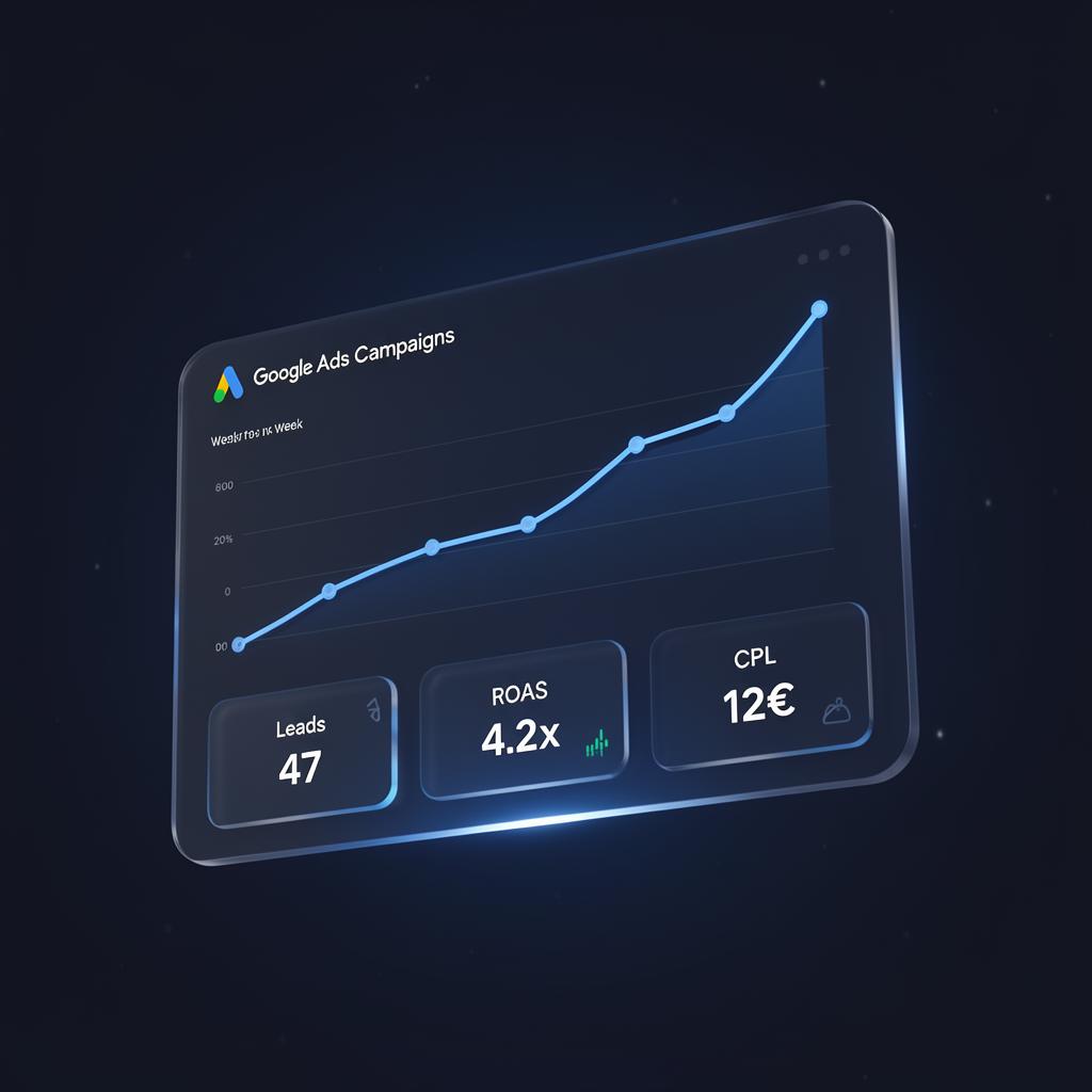 Dashboard de campañas Google Ads mostrando crecimiento de leads